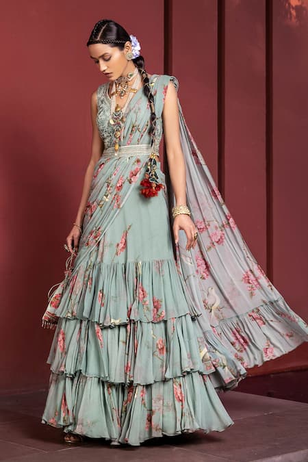 Buy Kalista Blue Blouse Natural Silk, Lehenga Saree Georgette Anaisha Pre-draped Set Online at Aza Fashions Buy_Kalista_Blue Blouse Natural Silk, Lehenga Saree Georgette Anaisha Pre-draped Set _Online_at_Aza_Fashions