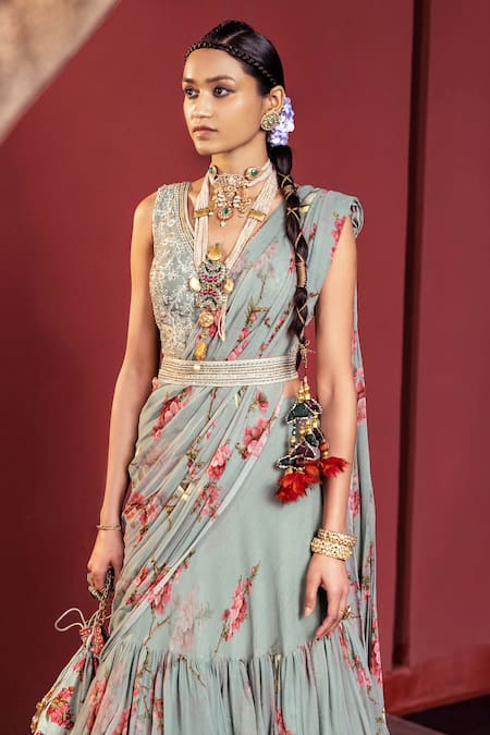 Shop Kalista Blue Blouse Natural Silk, Lehenga Saree Georgette Anaisha Pre-draped Set Online at Aza Fashions Shop_Kalista_Blue Blouse Natural Silk, Lehenga Saree Georgette Anaisha Pre-draped Set _Online_at_Aza_Fashions