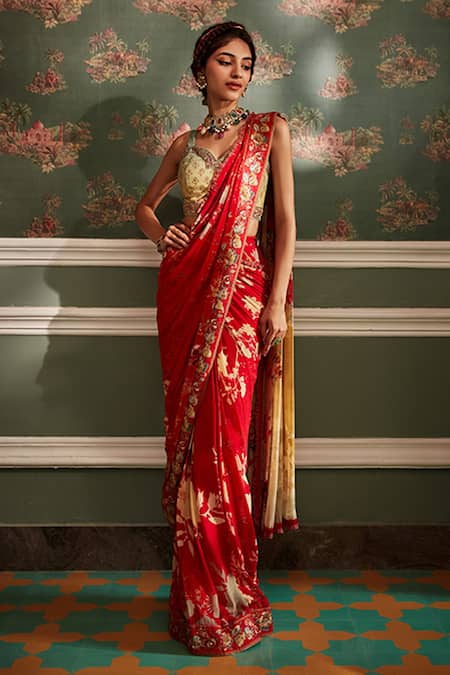Red Pure Silk Saree With Golden Border And Red Colored Blouse | Cash On  Delivery Available, Throughout India