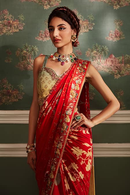 Buy Kalista Red Blouse Silk, Saree Georgette Rehmat Pre-draped With Online at Aza Fashions Buy_Kalista_Red Blouse Silk, Saree Georgette Rehmat Pre-draped With _Online_at_Aza_Fashions