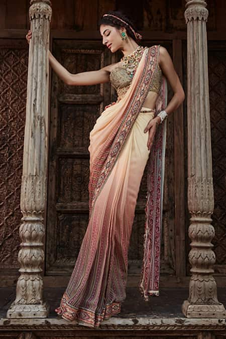 Kalista Peach Blouse Silk, Saree Georgette Shameen Pre-draped With Online at Aza Fashions Kalista_Peach Blouse Silk, Saree Georgette Shameen Pre-draped With _Online_at_Aza_Fashions