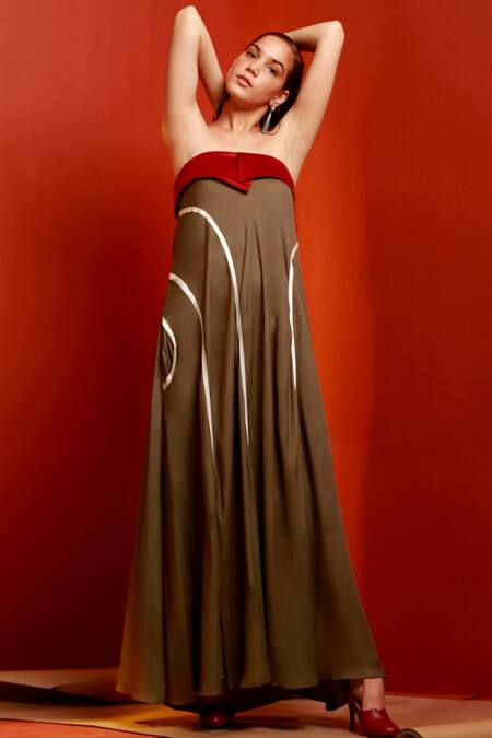 House Of Behram_Red Italian Satin, Silk Viscose Tape Straight Colorblock Tube Dress_Online_at_Aza_Fashions