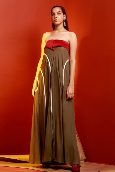 Buy_House Of Behram_Red Italian Satin, Silk Viscose Tape Straight Colorblock Tube Dress_Online_at_Aza_Fashions