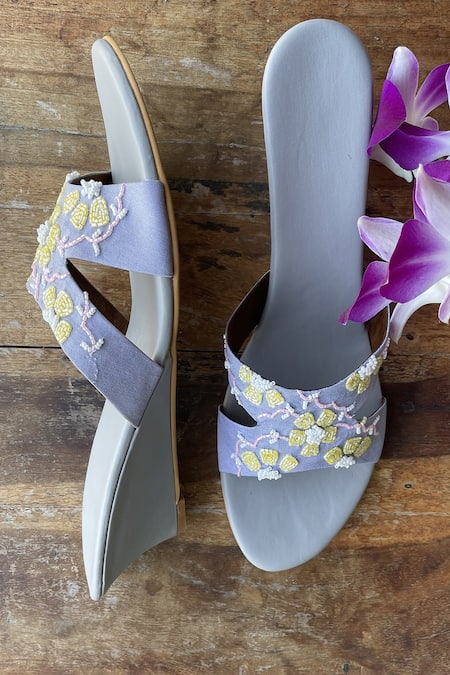 House Of Dhwni Singhvi Floral Cutwork Grey Wedges 