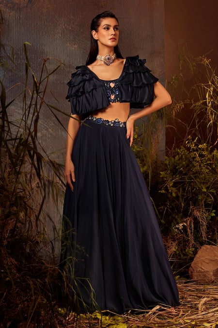 Dheeru Taneja Blue Organza, Crepe Bugle Beads And Zari Blouse Iris Lehenga Set With Ruffle Cape Online at Aza Fashions Dheeru Taneja_Blue Organza, Crepe Bugle Beads And Zari Blouse Iris Lehenga Set With Ruffle Cape _Online_at_Aza_Fashions