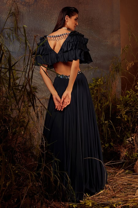 Shop Dheeru Taneja Blue Organza, Crepe Bugle Beads And Zari Blouse Iris Lehenga Set With Ruffle Cape at Aza Fashions Shop_Dheeru Taneja_Blue Organza, Crepe Bugle Beads And Zari Blouse Iris Lehenga Set With Ruffle Cape _at_Aza_Fashions