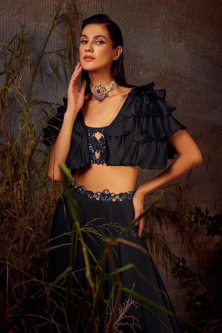 Buy Dheeru Taneja Blue Organza, Crepe Bugle Beads And Zari Blouse Iris Lehenga Set With Ruffle Cape Online at Aza Fashions Buy_Dheeru Taneja_Blue Organza, Crepe Bugle Beads And Zari Blouse Iris Lehenga Set With Ruffle Cape _Online_at_Aza_Fashions