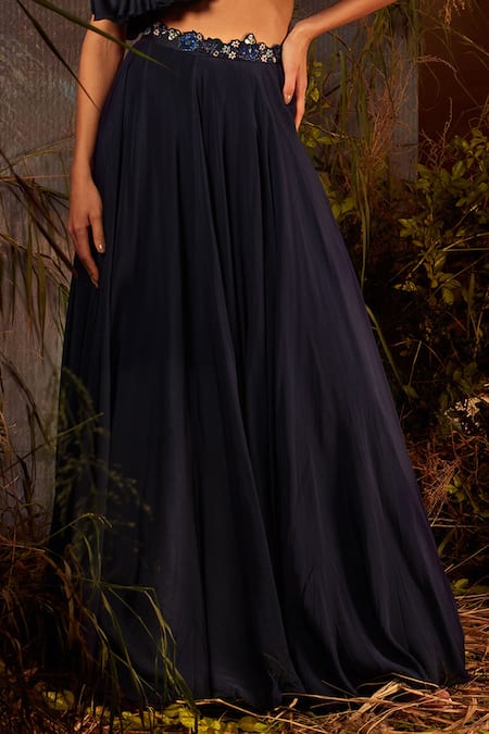 Shop Dheeru Taneja Blue Organza, Crepe Bugle Beads And Zari Blouse Iris Lehenga Set With Ruffle Cape Online at Aza Fashions Shop_Dheeru Taneja_Blue Organza, Crepe Bugle Beads And Zari Blouse Iris Lehenga Set With Ruffle Cape _Online_at_Aza_Fashions