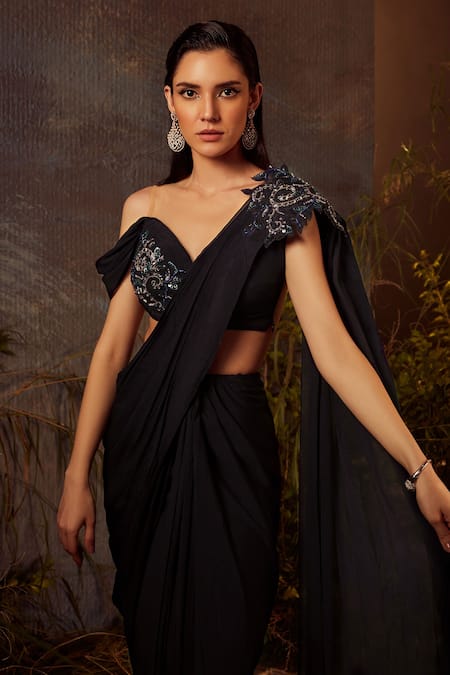 Dheeru Taneja Blue Net, Chinnon Bugle Beads And Zari Pre-draped Embroidered Saree With Blouse Online at Aza Fashions Dheeru Taneja_Blue Net, Chinnon Bugle Beads And Zari Pre-draped Embroidered Saree With Blouse _Online_at_Aza_Fashions
