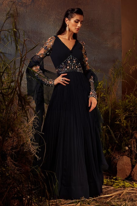 Shop Dheeru Taneja Blue Georgette And Net Dupatta Organza Bugle Embroidered Anarkali With Ruffle at Aza Fashions Shop_Dheeru Taneja_Blue Georgette And Net Dupatta Organza Bugle Embroidered Anarkali With Ruffle _at_Aza_Fashions