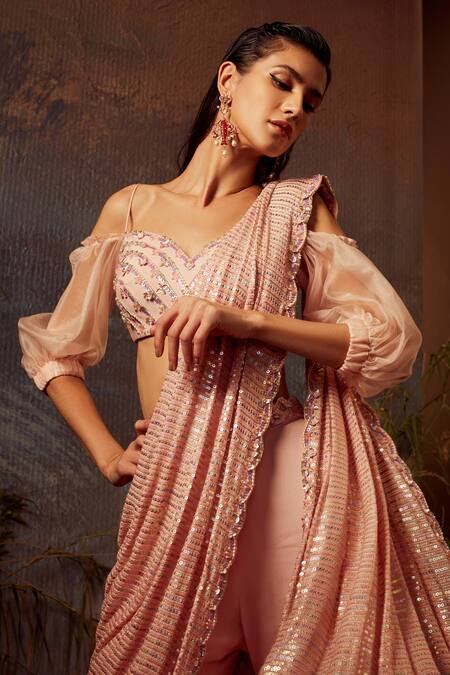 Buy Dheeru Taneja Pink Organza, Crepe, Georgette Bugle Beads And Pant Saree With Puff Sleeve Blouse Online at Aza Fashions Buy_Dheeru Taneja_Pink Organza, Crepe, Georgette Bugle Beads And Pant Saree With Puff Sleeve Blouse _Online_at_Aza_Fashions
