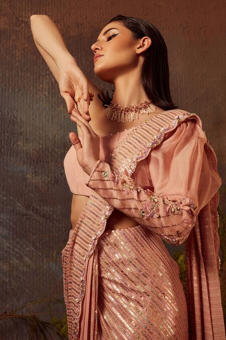 Dheeru Taneja_Pink Organza, Net, Georgette Bugle Beads And Zari One Pre-draped Saree With Blouse _Online_at_Aza_Fashions