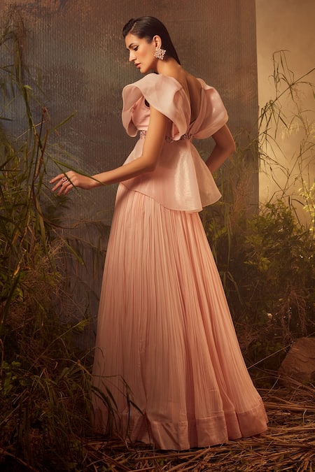 Shop Dheeru Taneja Pink Organza, Net, Georgette Bugle Beads And Zari V Ira Peplum Top & Lehenga Set at Aza Fashions Shop_Dheeru Taneja_Pink Organza, Net, Georgette Bugle Beads And Zari V Ira Peplum Top & Lehenga Set _at_Aza_Fashions