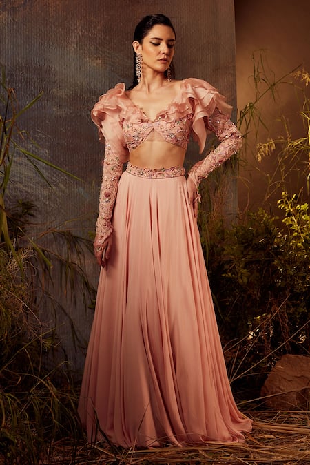 Shop Dheeru Taneja Pink Organza, Crepe Bugle Beads And Zari V Neck Maia Lehenga & Ruffle Blouse Set at Aza Fashions Shop_Dheeru Taneja_Pink Organza, Crepe Bugle Beads And Zari V Neck Maia Lehenga & Ruffle Blouse Set _at_Aza_Fashions