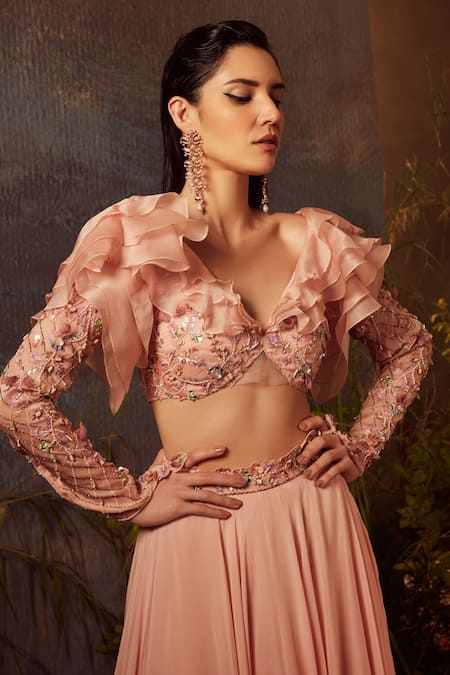 Dheeru Taneja Pink Organza, Crepe Bugle Beads And Zari V Neck Maia Lehenga & Ruffle Blouse Set Online at Aza Fashions Dheeru Taneja_Pink Organza, Crepe Bugle Beads And Zari V Neck Maia Lehenga & Ruffle Blouse Set _Online_at_Aza_Fashions