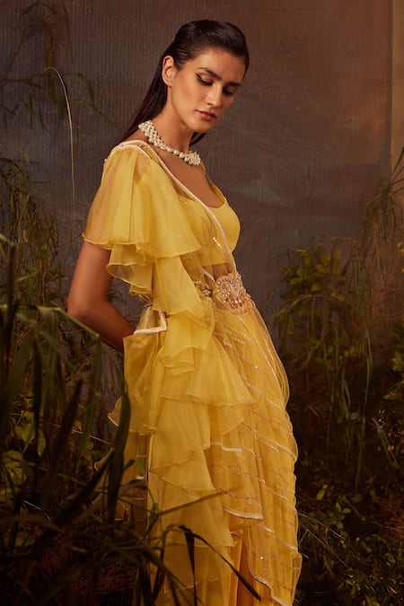 Shop Dheeru Taneja Yellow Organza, Net, Crepe Bugle Beads And Zari Embroidered Sharara Set With Cape at Aza Fashions Shop_Dheeru Taneja_Yellow Organza, Net, Crepe Bugle Beads And Zari Embroidered Sharara Set With Cape _at_Aza_Fashions