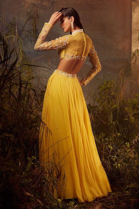 Shop Dheeru Taneja Yellow Bugle Beads And Zari High Neck Aphrodite Embroidered Bridal Lehenga Set at Aza Fashions Shop_Dheeru Taneja_Yellow Bugle Beads And Zari High Neck Aphrodite Embroidered Bridal Lehenga Set _at_Aza_Fashions