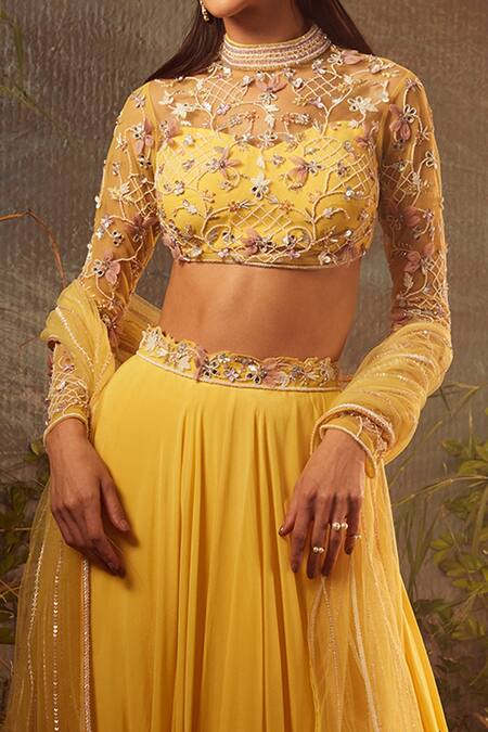 Buy Dheeru Taneja Yellow Bugle Beads And Zari High Neck Aphrodite Embroidered Bridal Lehenga Set Online at Aza Fashions Buy_Dheeru Taneja_Yellow Bugle Beads And Zari High Neck Aphrodite Embroidered Bridal Lehenga Set _Online_at_Aza_Fashions