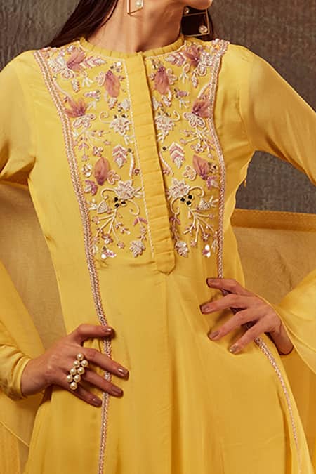Buy_Dheeru Taneja_Yellow Organza, Crepe Bugle Beads And Zari Crew Neck Embroidered Tunic Sharara Set _Online_at_Aza_Fashions