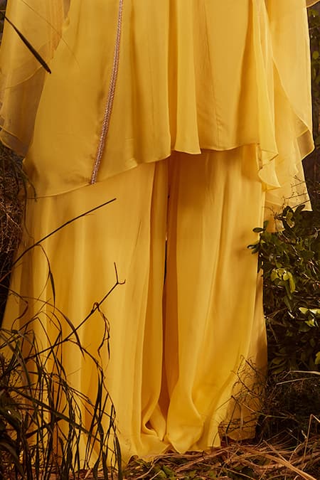 Shop_Dheeru Taneja_Yellow Organza, Crepe Bugle Beads And Zari Crew Neck Embroidered Tunic Sharara Set _Online_at_Aza_Fashions