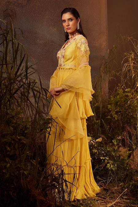 Shop Dheeru Taneja Yellow Organza, Chanderi, Crepe Bugle Beads And Zari V Embroidered Gharara Set at Aza Fashions Shop_Dheeru Taneja_Yellow Organza, Chanderi, Crepe Bugle Beads And Zari V Embroidered Gharara Set _at_Aza_Fashions