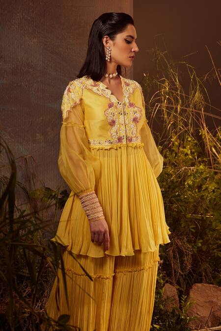 Dheeru Taneja Yellow Organza, Chanderi, Crepe Bugle Beads And Zari V Embroidered Gharara Set Online at Aza Fashions Dheeru Taneja_Yellow Organza, Chanderi, Crepe Bugle Beads And Zari V Embroidered Gharara Set _Online_at_Aza_Fashions