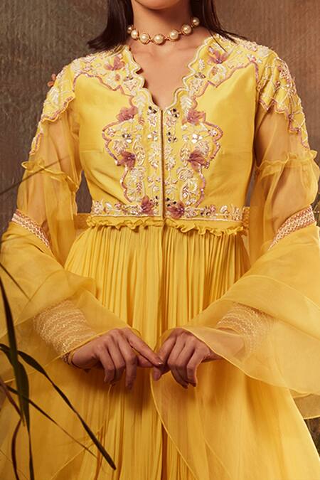 Buy Dheeru Taneja Yellow Organza, Chanderi, Crepe Bugle Beads And Zari V Embroidered Gharara Set Online at Aza Fashions Buy_Dheeru Taneja_Yellow Organza, Chanderi, Crepe Bugle Beads And Zari V Embroidered Gharara Set _Online_at_Aza_Fashions