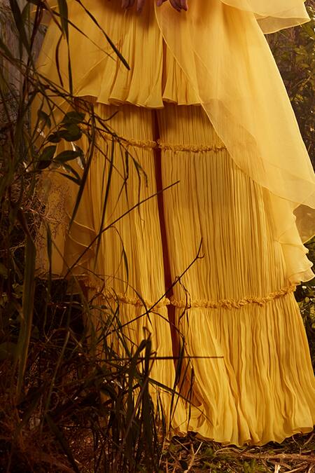 Shop Dheeru Taneja Yellow Organza, Chanderi, Crepe Bugle Beads And Zari V Embroidered Gharara Set Online at Aza Fashions Shop_Dheeru Taneja_Yellow Organza, Chanderi, Crepe Bugle Beads And Zari V Embroidered Gharara Set _Online_at_Aza_Fashions