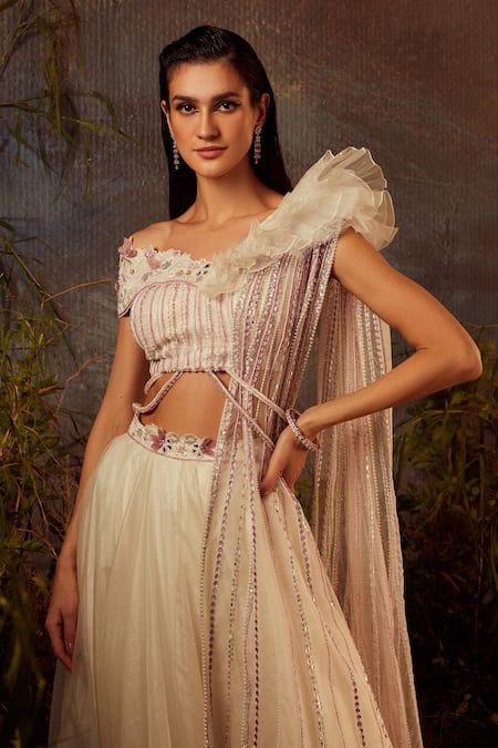 Dheeru Taneja White Organza, Net, Crepe Bugle Beads And Embroidered Ruffle Blouse & Lehenga Set Online at Aza Fashions Dheeru Taneja_White Organza, Net, Crepe Bugle Beads And Embroidered Ruffle Blouse & Lehenga Set _Online_at_Aza_Fashions