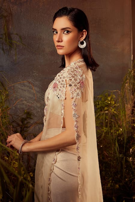 Dheeru Taneja White Organza, Lycra, Foil Bugle Beads And Embroidered Cape & Draped Skirt Set Online at Aza Fashions Dheeru Taneja_White Organza, Lycra, Foil Bugle Beads And Embroidered Cape & Draped Skirt Set _Online_at_Aza_Fashions