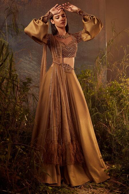 Dheeru Taneja Gold Organza, Lycra, Foil Bugle Beads And Zari Sweetheart Neck Kiara Lehenga Set Online at Aza Fashions Dheeru Taneja_Gold Organza, Lycra, Foil Bugle Beads And Zari Sweetheart Neck Kiara Lehenga Set _Online_at_Aza_Fashions