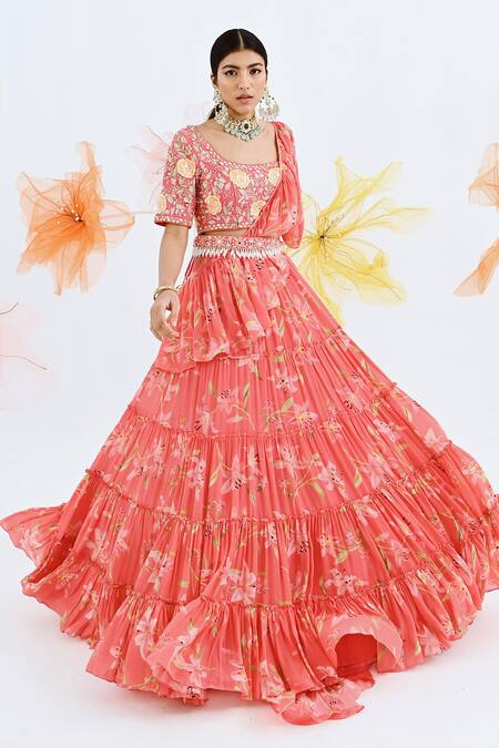 Buy_Neha Chopra Tandon_Coral Crepe Tiered Lehenga Saree With Blouse_Online_at_Aza_Fashions