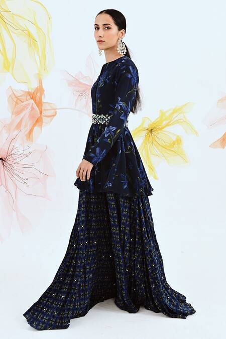 Buy Neha Chopra Tandon Blue Shantoon Lilies Print Kurta Sharara Set Online at Aza Fashions Buy_Neha Chopra Tandon_Blue Shantoon Lilies Print Kurta Sharara Set_Online_at_Aza_Fashions