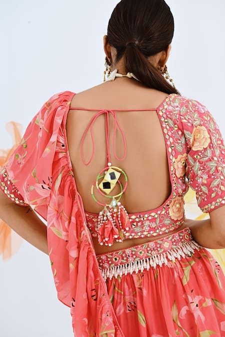 Shop_Neha Chopra Tandon_Coral Crepe Tiered Lehenga Saree With Blouse_Online_at_Aza_Fashions