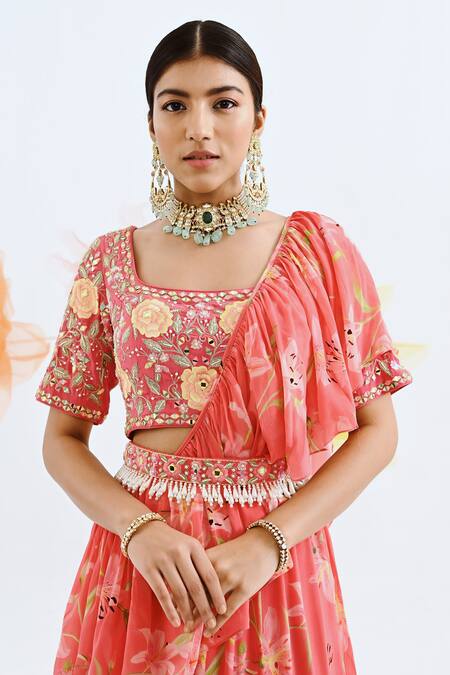 Neha Chopra Tandon_Coral Crepe Tiered Lehenga Saree With Blouse_at_Aza_Fashions