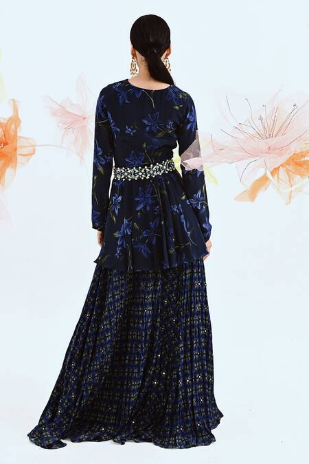 Shop Neha Chopra Tandon Blue Shantoon Lilies Print Kurta Sharara Set at Aza Fashions Shop_Neha Chopra Tandon_Blue Shantoon Lilies Print Kurta Sharara Set_at_Aza_Fashions