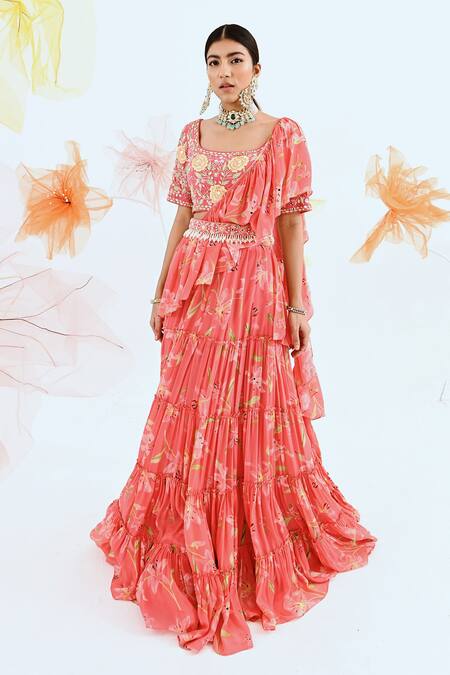 Neha Chopra Tandon_Coral Crepe Tiered Lehenga Saree With Blouse_Online_at_Aza_Fashions