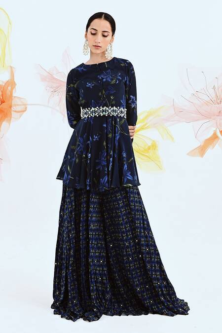 Neha Chopra Tandon Blue Shantoon Lilies Print Kurta Sharara Set Online at Aza Fashions Neha Chopra Tandon_Blue Shantoon Lilies Print Kurta Sharara Set_Online_at_Aza_Fashions