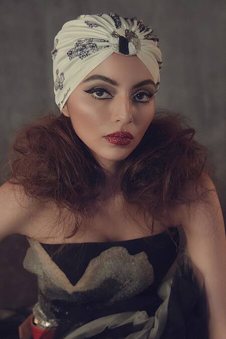 Hair Drama CO_White Digital Print And Beads Cruella Iconic Darling Turban_Online_at_Aza_Fashions