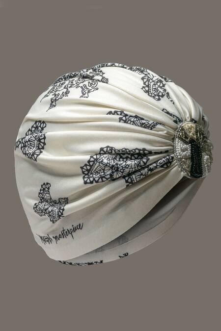 Buy_Hair Drama CO_White Digital Print And Beads Cruella Iconic Darling Turban_Online_at_Aza_Fashions