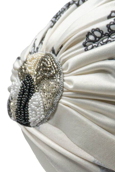 Hair Drama CO_White Digital Print And Beads Cruella Iconic Darling Turban_at_Aza_Fashions