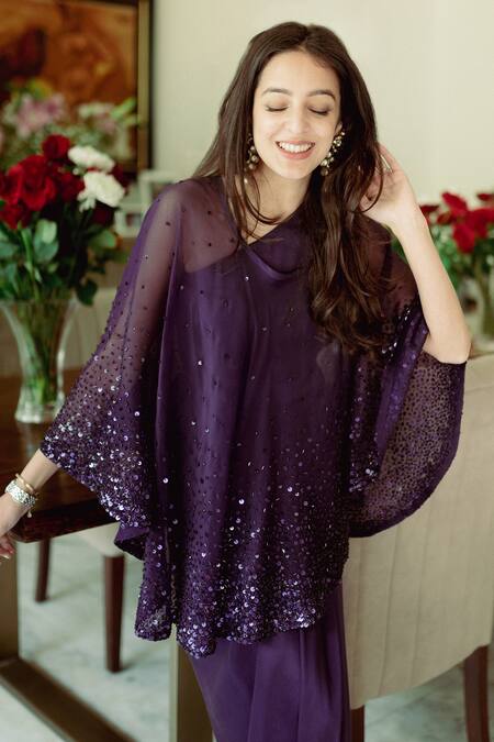 Buy Anjali Kanwar Purple Satin, Silk Organza Sequin Asymmetric Embroidered Cape And Draped Skirt Set Online at Aza Fashions Buy_Anjali Kanwar_Purple Satin, Silk Organza Sequin Asymmetric Embroidered Cape And Draped Skirt Set _Online_at_Aza_Fashions