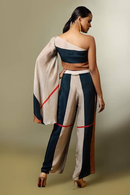 Shop Nautanky Multi Color Natural Crepe Asymmetric One Shoulder Crop Top And Pant Set at Aza Fashions Shop_Nautanky_Multi Color Natural Crepe Asymmetric One Shoulder Crop Top And Pant Set _at_Aza_Fashions