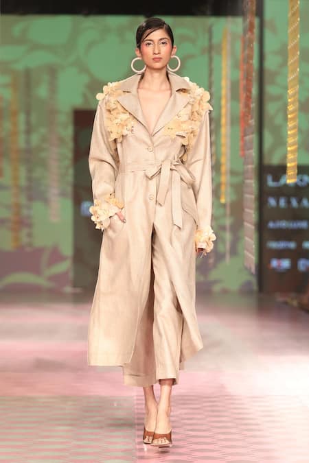 Pankaj & Nidhi Beige Lustre Linen Printed Floral Dune Hand Embellished Trench Coat 