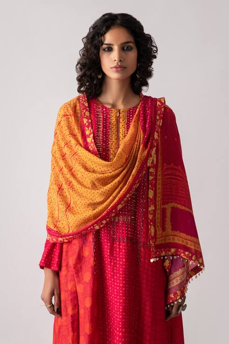 Aseem Kapoor_Yellow Natural Crepe Silk Kinara Printed Tassel Dupatta_Online_at_Aza_Fashions