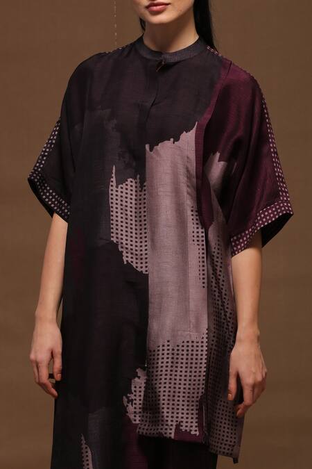 Clos_Brown Dupion Silk Geometric Band Printed Asymmetric Kurta And Pant Set _Online_at_Aza_Fashions