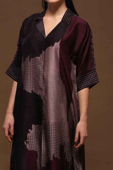 Clos_Brown Dupion Silk Geometric Collared Neck Printed Kurta And Pant Set _Online_at_Aza_Fashions