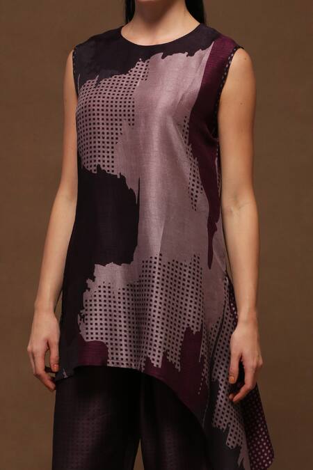 Clos Brown Dupion Silk Geometric Round Printed Asymmetric Kurta And Pant Set Online at Aza Fashions Clos_Brown Dupion Silk Geometric Round Printed Asymmetric Kurta And Pant Set _Online_at_Aza_Fashions