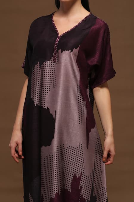 Clos_Brown Dupion Silk Geometric V Neck Printed Kurta And Pant Set _Online_at_Aza_Fashions