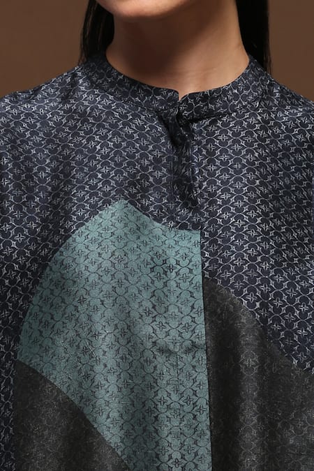 Buy_Clos_Blue Dupion Silk Abstract Band Printed Asymmetric Kurta And Pant Set _Online_at_Aza_Fashions